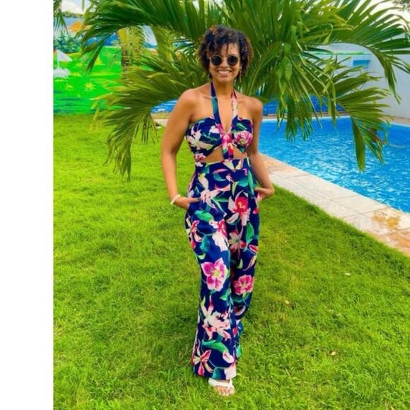 PatBO Pants - PATBO Navy Blue Floral Halter Neck Center Cut-Out Wide Leg Laelia Jumpsuit US 0